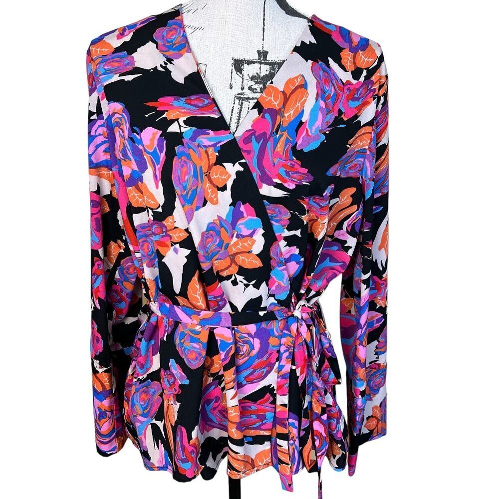 Top Shop Floral Wrap Blouse Size 10 Long Sleeve Pink Black Business Casual